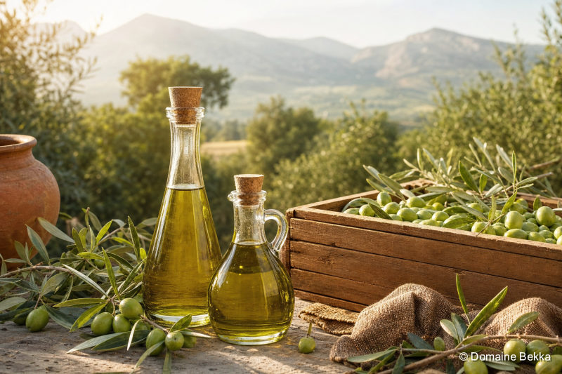 Bouteilles d’huile d’olive vierge extra et caisse en bois, prêtes pour les professionnels, oliveraies de Kabylie en fond