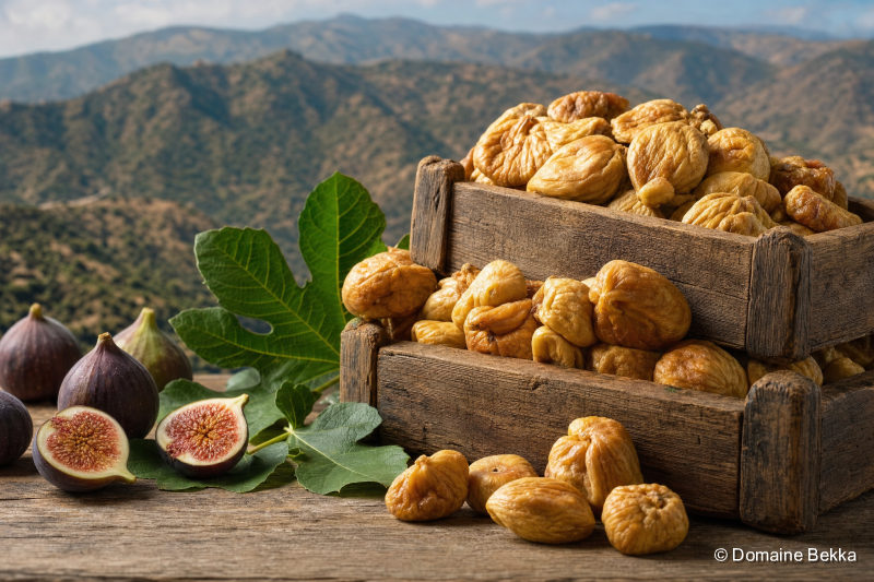 Cageots de figues sèches de qualité et figues fraîches sur bois brut, terroir de montagne kabyle