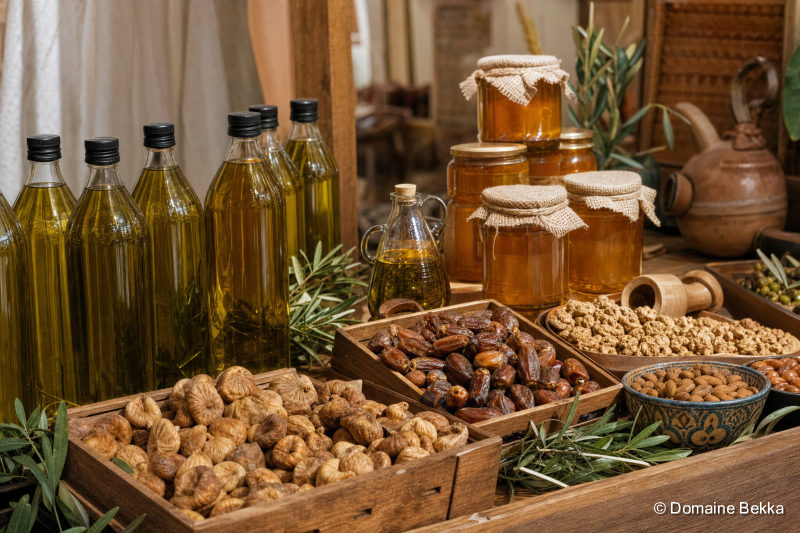 Étal artisanal de produits du terroir algérien — huile, figues, miel, dattes — dans une ambiance de salon