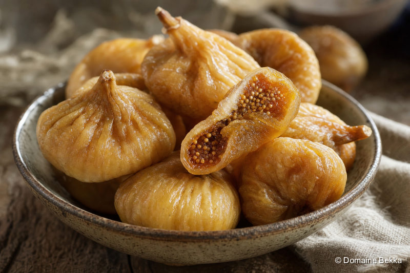 Figues sèches dorées de qualité dans un bol, quelques-unes ouvertes