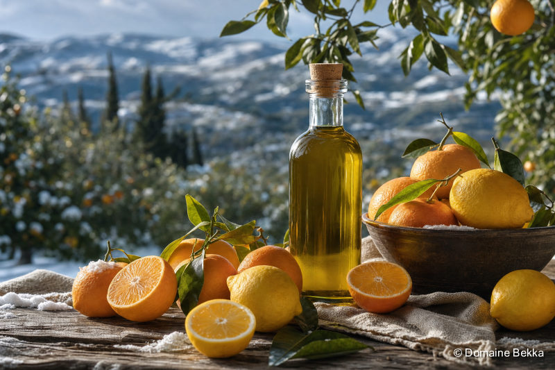 Agrumes d’hiver : oranges et citrons, bouteille d’huile nouvelle