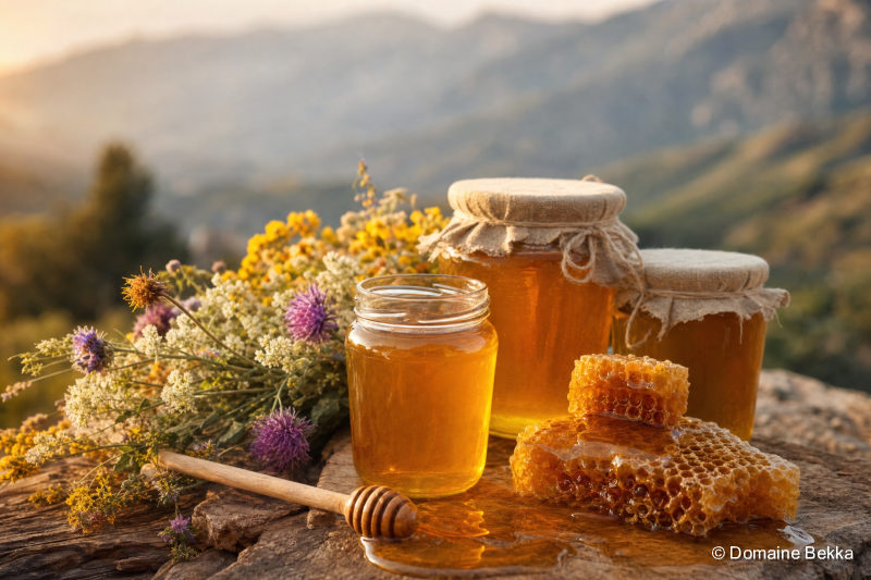Pots de miel de montagne doré et rayon de cire, fleurs sauvages de Kabylie