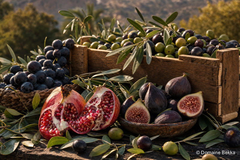 Cageot de récolte d’automne : olives fraîches, grenade ouverte, raisin et figues sur bois brut