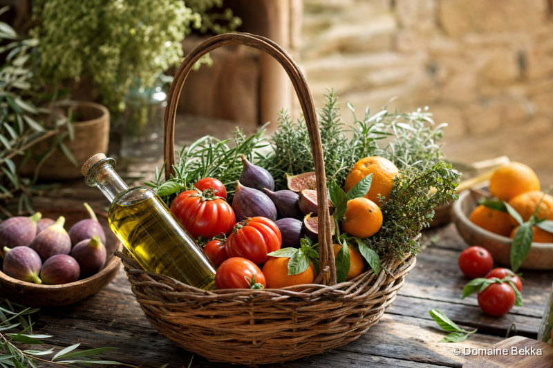 Panier fermier de fruits et légumes de saison, huile d’olive et herbes