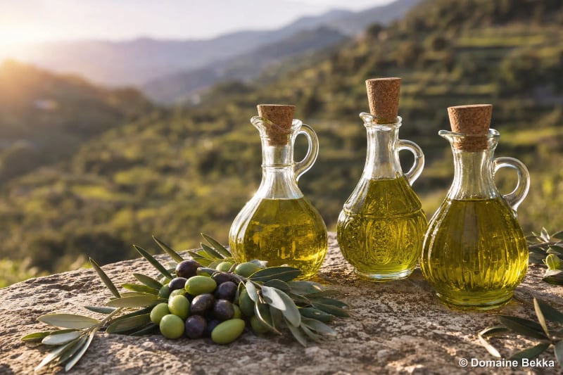 Trois huiles d’olive de terroirs différents dans des flacons, olives et rameau d’olivier