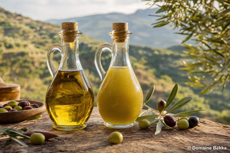Deux huiles d’olive côte à côte, l’une limpide et l’autre voilée, dans des flacons en verre