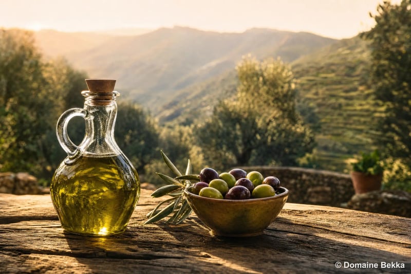 Bouteille d’huile d’olive vierge extra et olives fraîches sur une table en bois clair