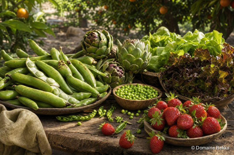Légumes et fruits de printemps : fèves fraîches, petits pois, artichauts, fraises et jeunes laitues