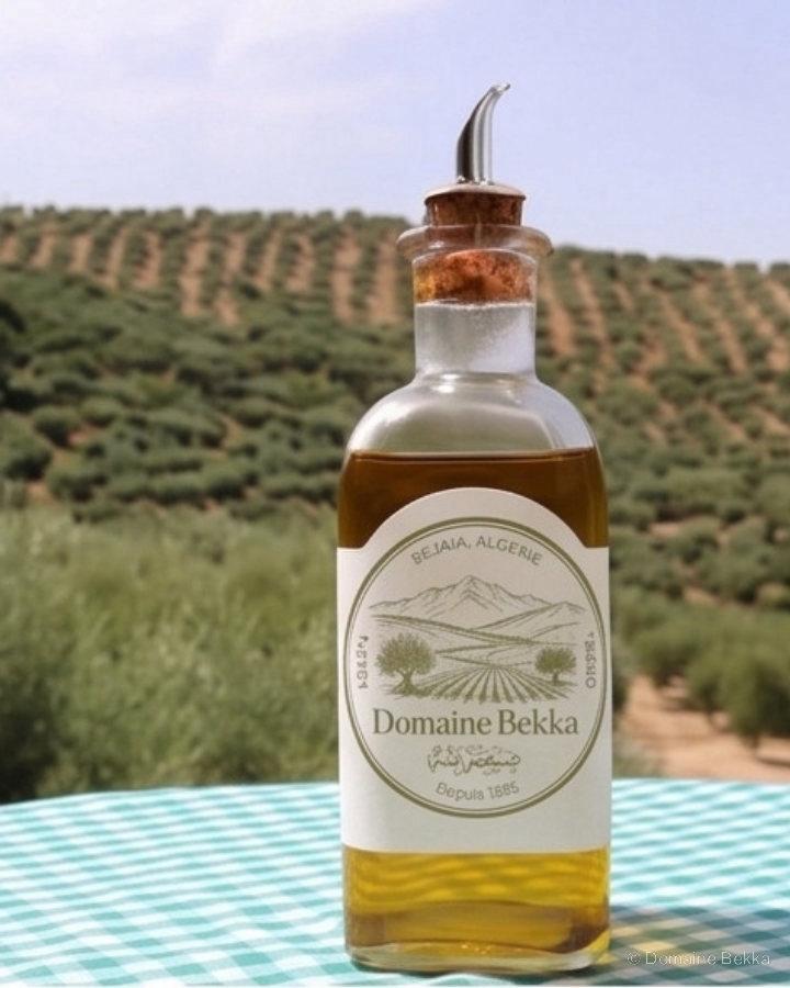 Bouteille d’huile d’olive vierge extra Domaine Bekka, devant les oliviers et les montagnes de Kabylie