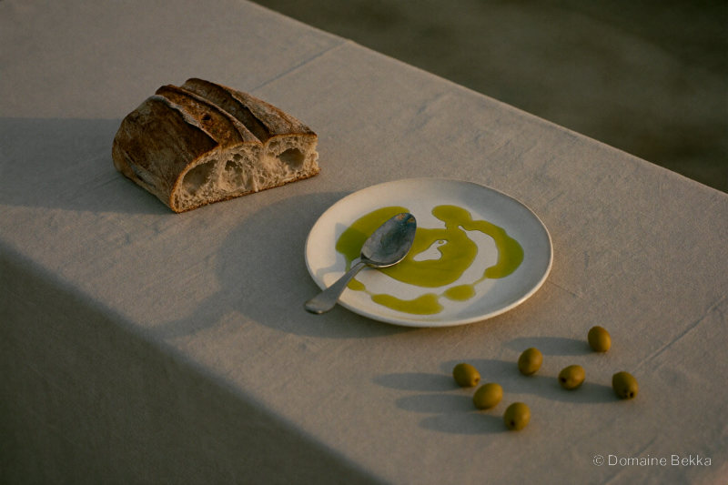 Pain de campagne et huile d’olive nouvelle sur la table