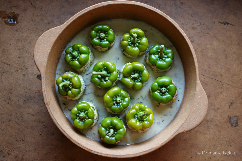 Dolma : poivrons farcis debout dans leur sauce blanche